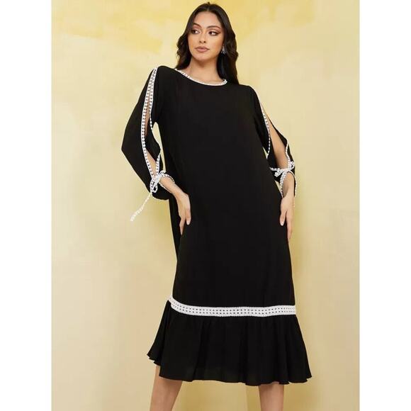Commense Midi Dress Lightweight Open Sleeve Lace Trim Black Size XS NEW - Picture 2 of 11